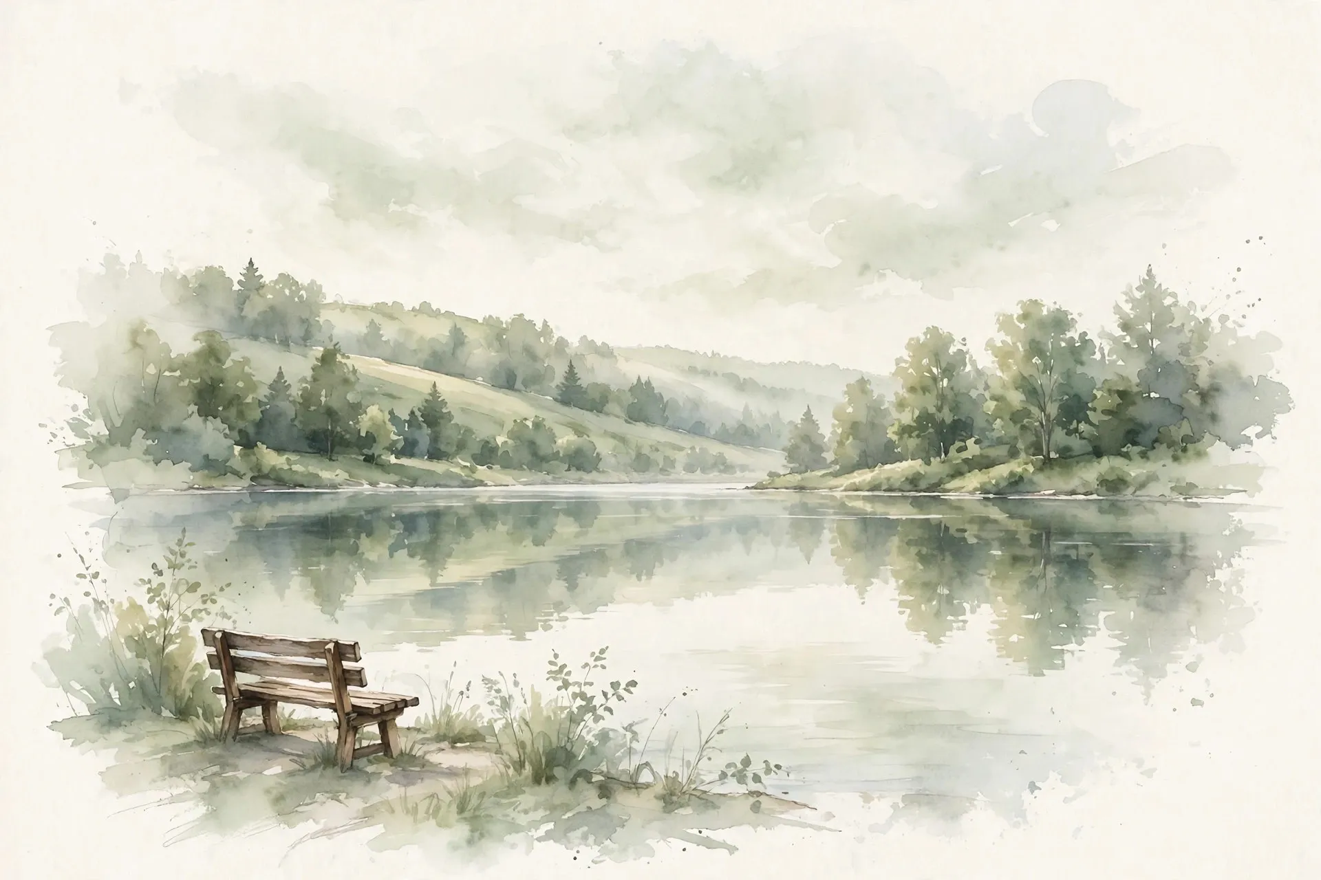 Watercolor illustration of a calm Ontario lake at dawn, with a bench on the shore