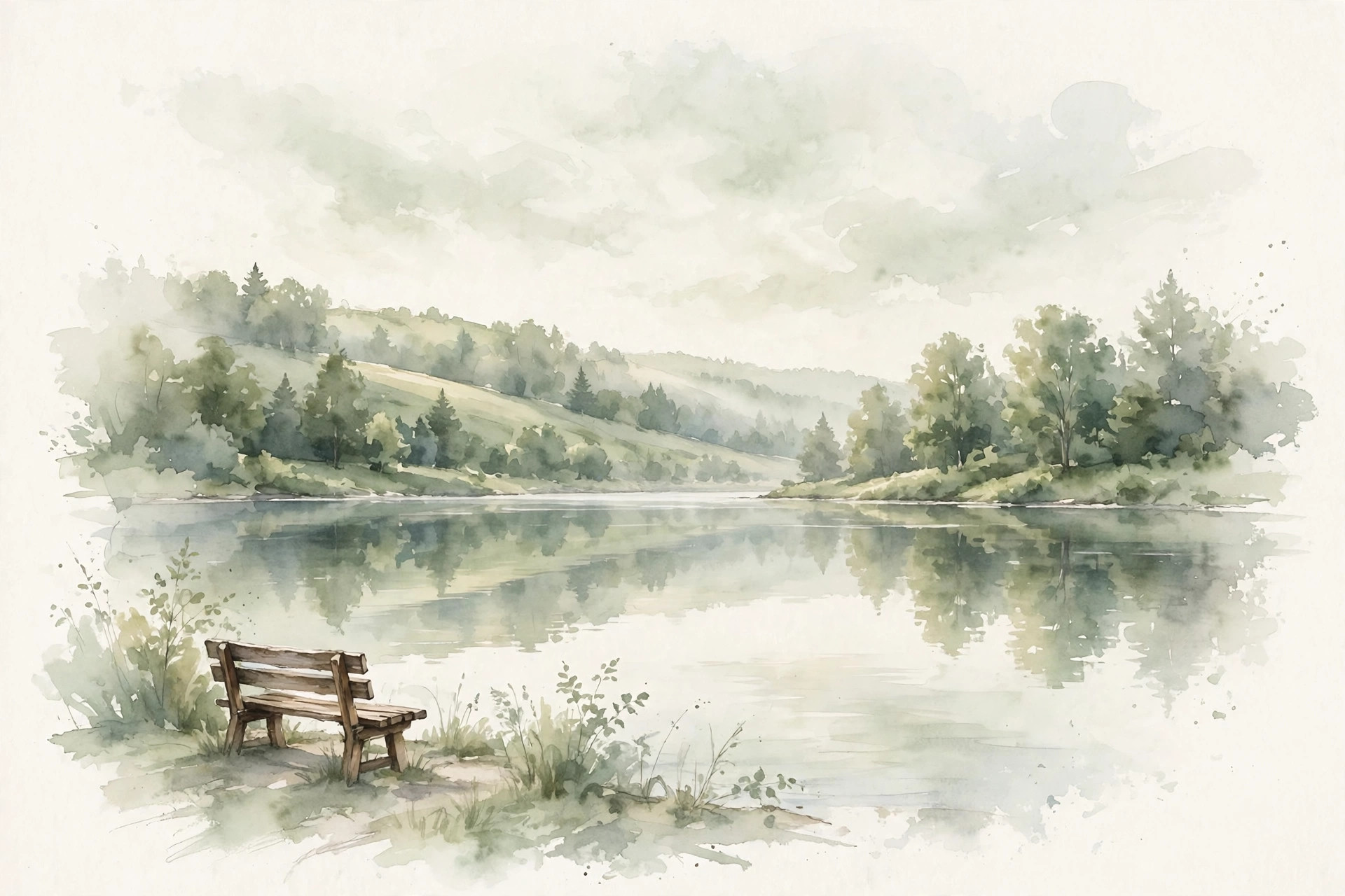 Watercolor illustration of a calm Ontario lake at dawn, with a bench on the shore