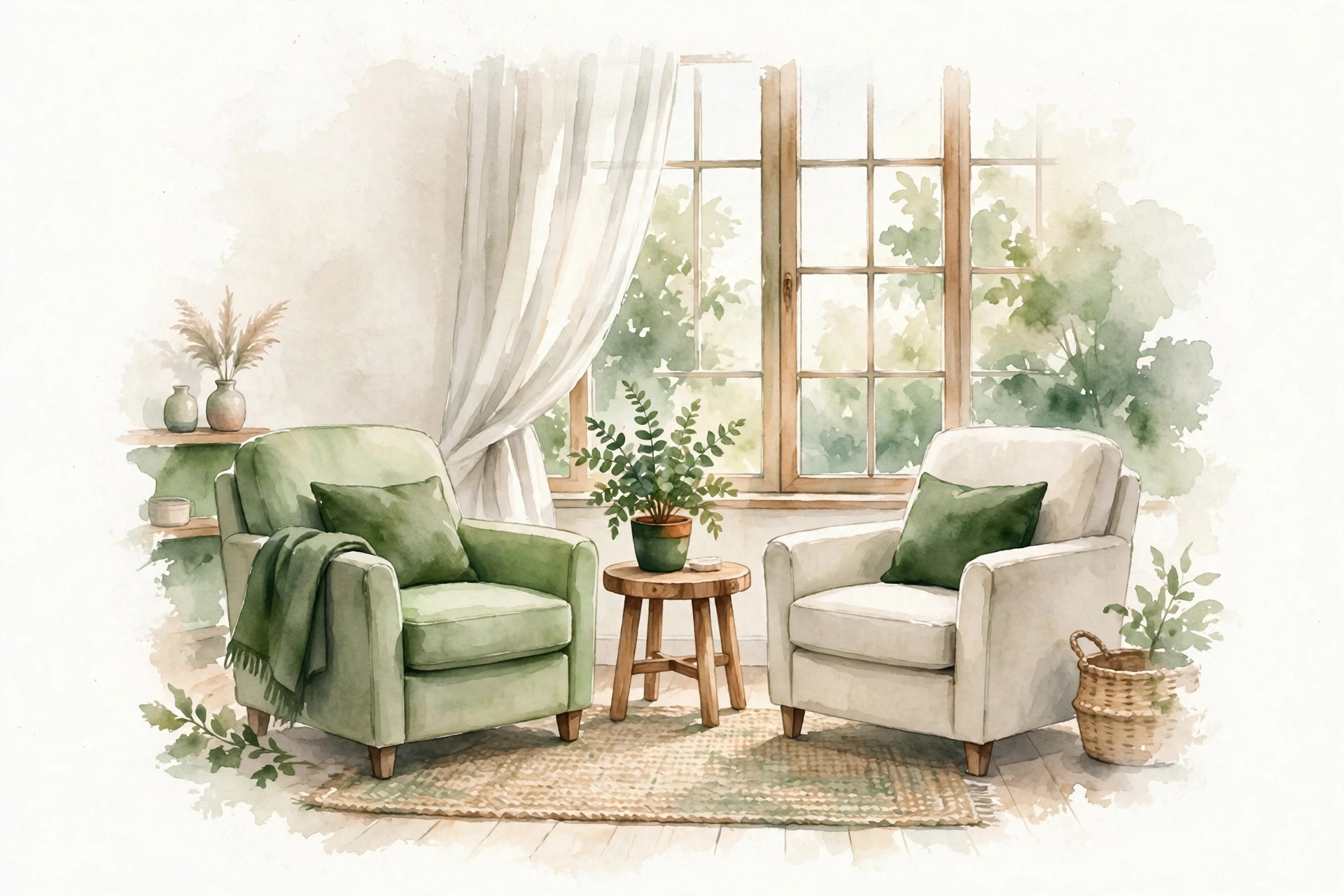 Watercolor illustration of two armchairs facing each other in a calm, plant-filled therapy room