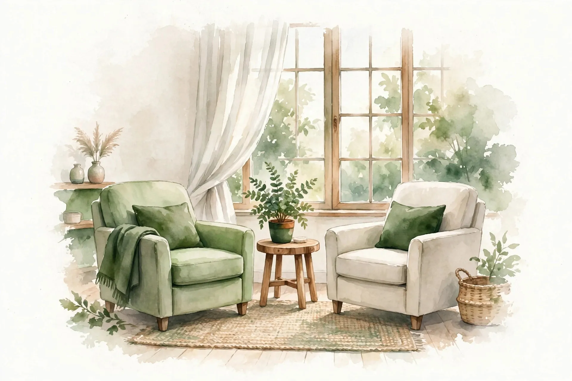 Watercolor illustration of two armchairs in a calm therapy room