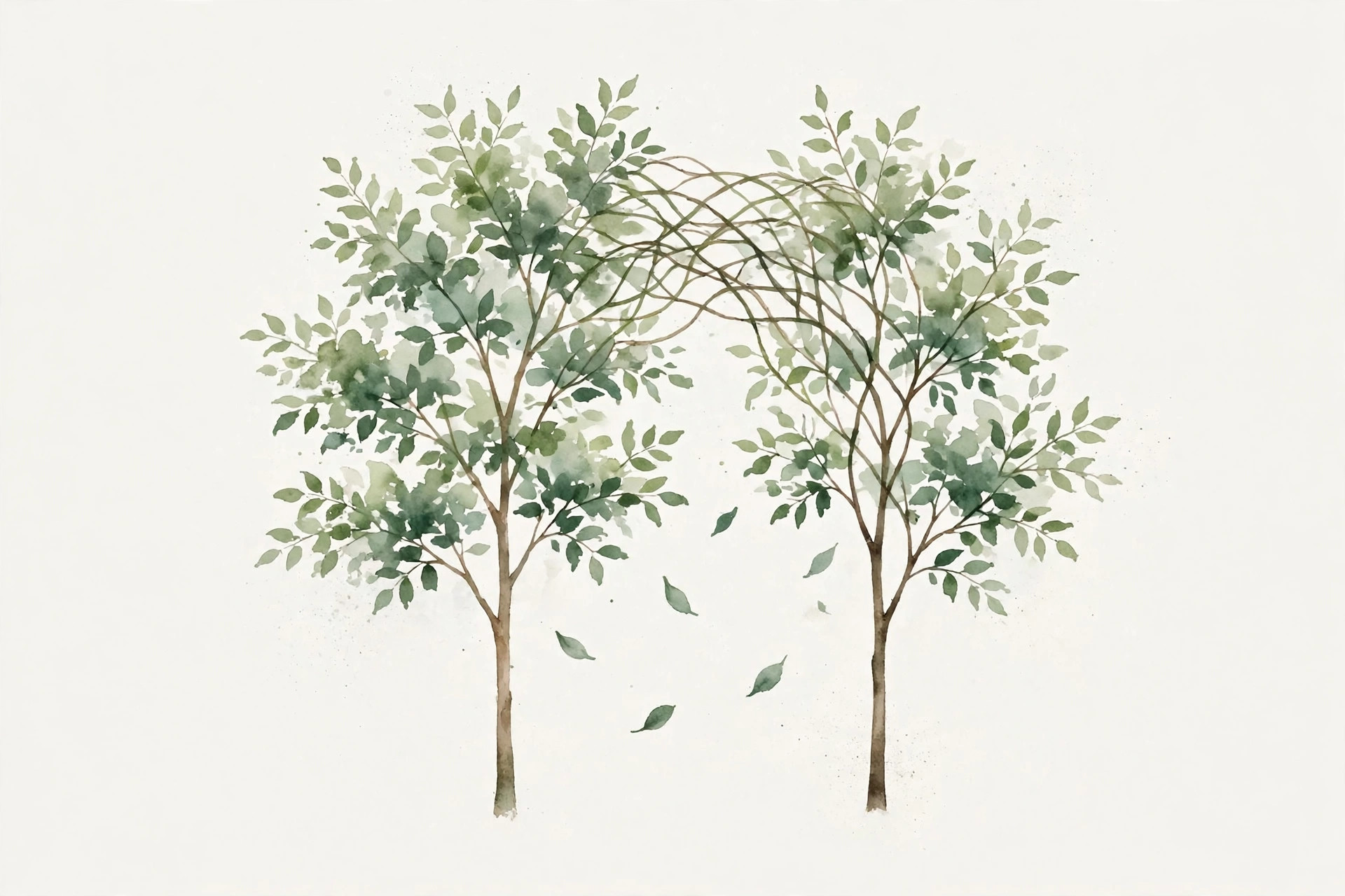 Watercolor illustration of two young trees with branches intertwining, in soft sage greens