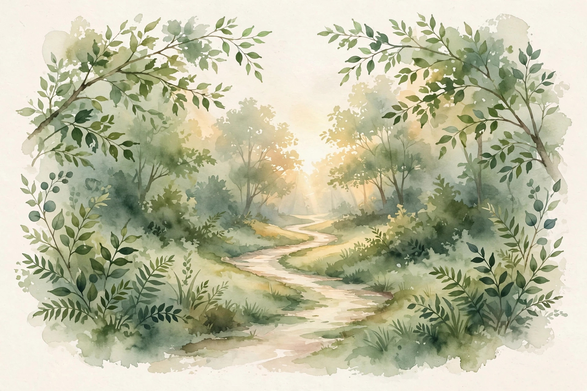 Watercolor illustration of a winding path through green trees toward soft morning light