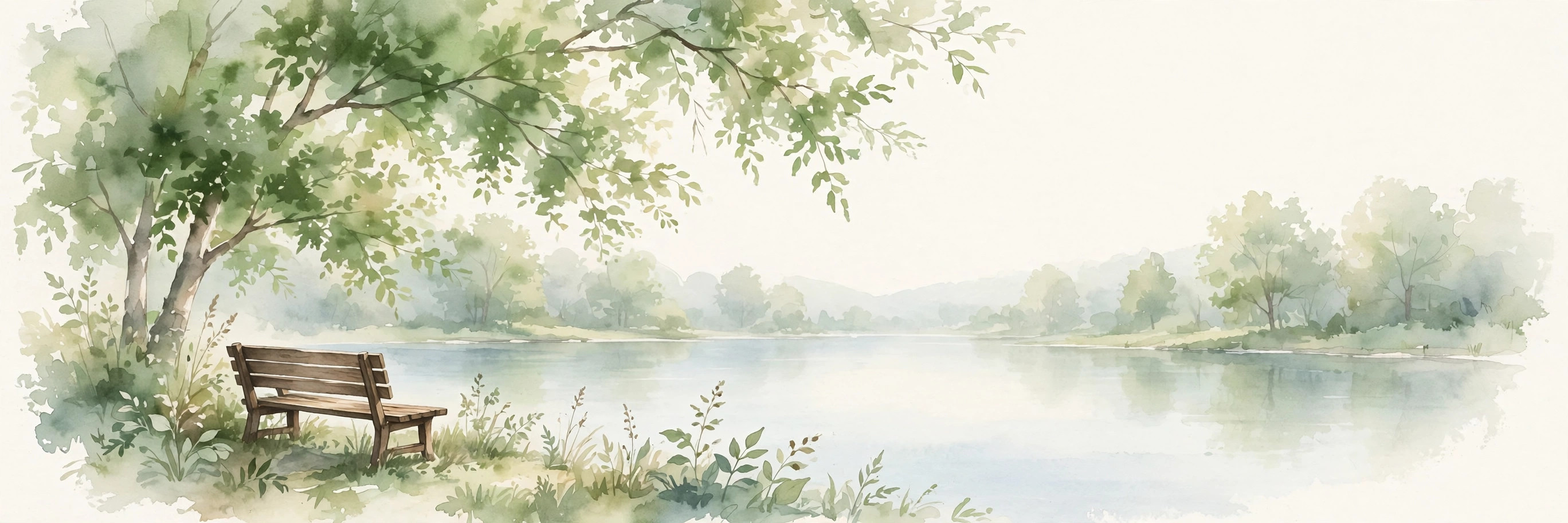 Watercolor illustration of a calm lakeside bench in soft morning light with green trees