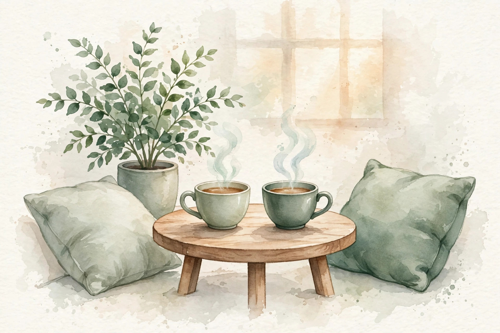 Watercolor illustration of two chairs in a calm, green therapy space