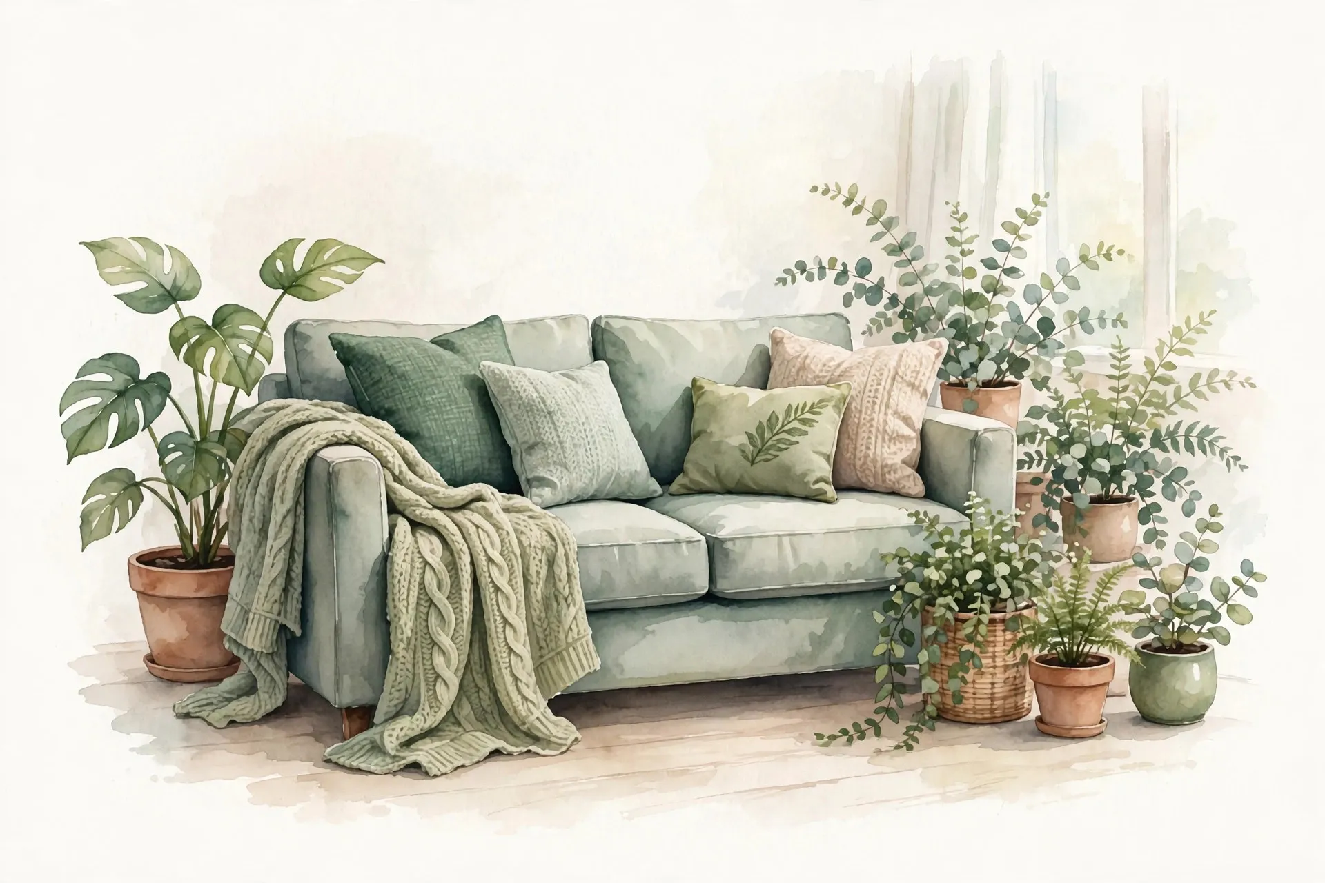 Watercolor illustration of a cozy sofa with cushions and houseplants