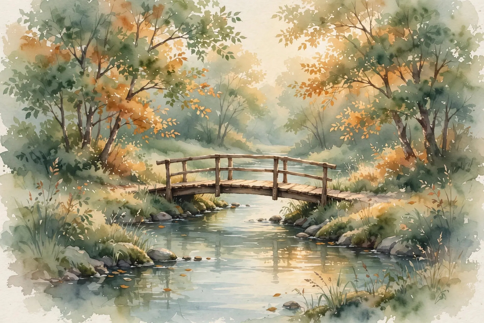 Watercolor illustration of a small wooden bridge over a gentle stream at golden hour