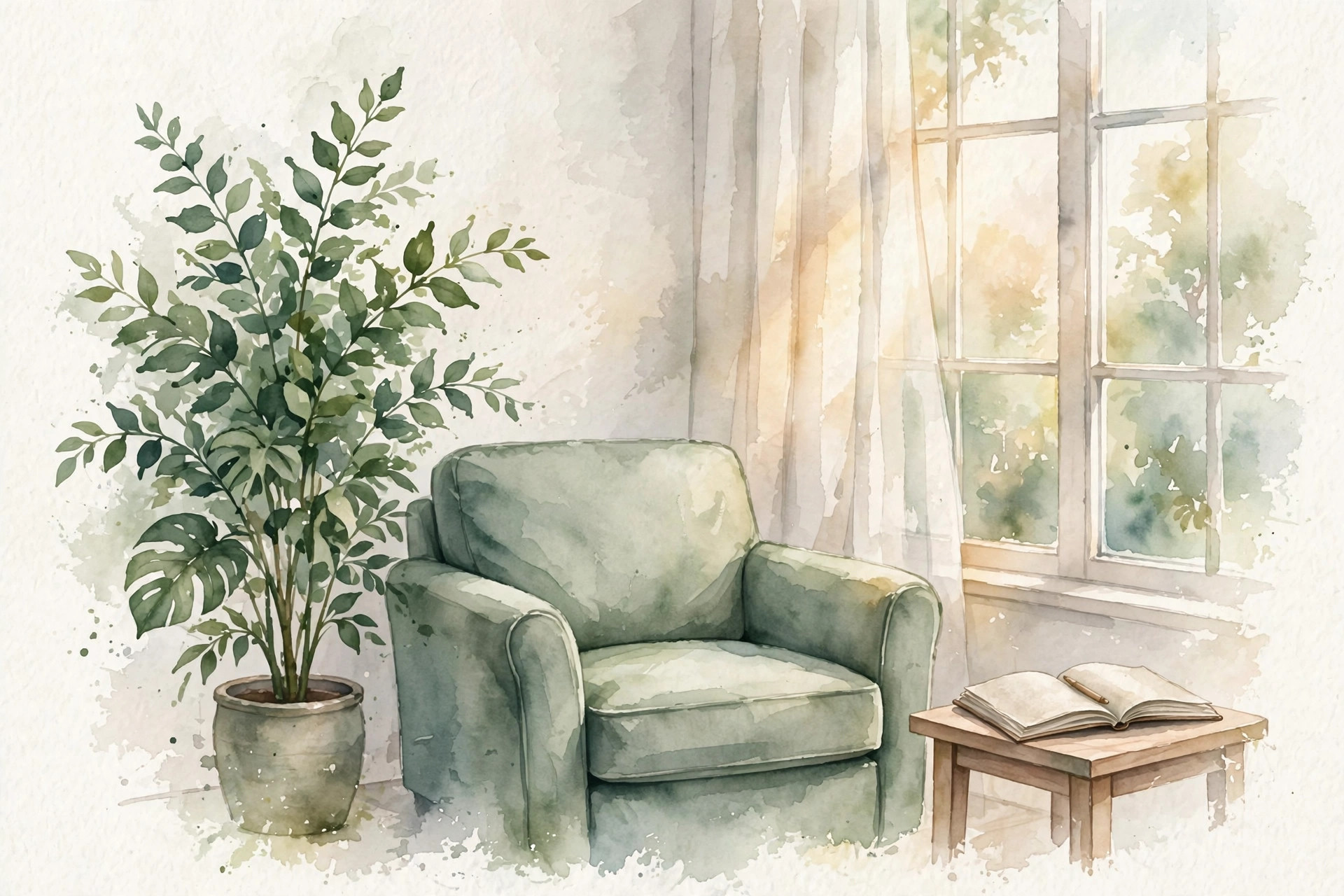 Watercolor illustration of a quiet therapy room with an armchair