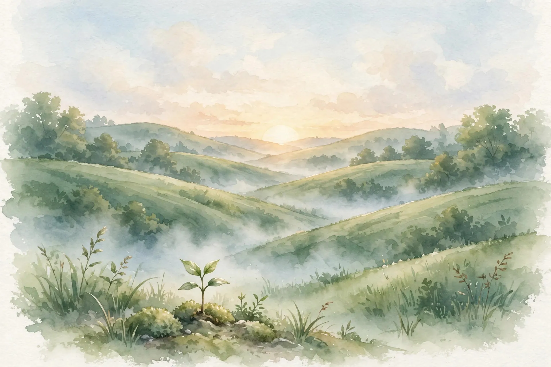 Watercolor illustration of sunrise over soft green hills with a small seedling